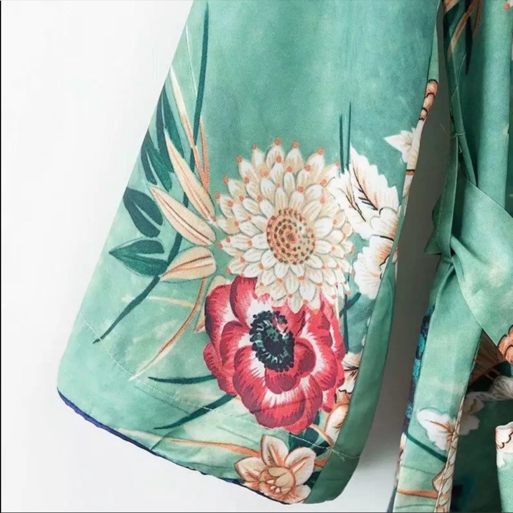 Floral Print Satin Kimono Cardigan Maxi Coverup - Picture 7 of 8